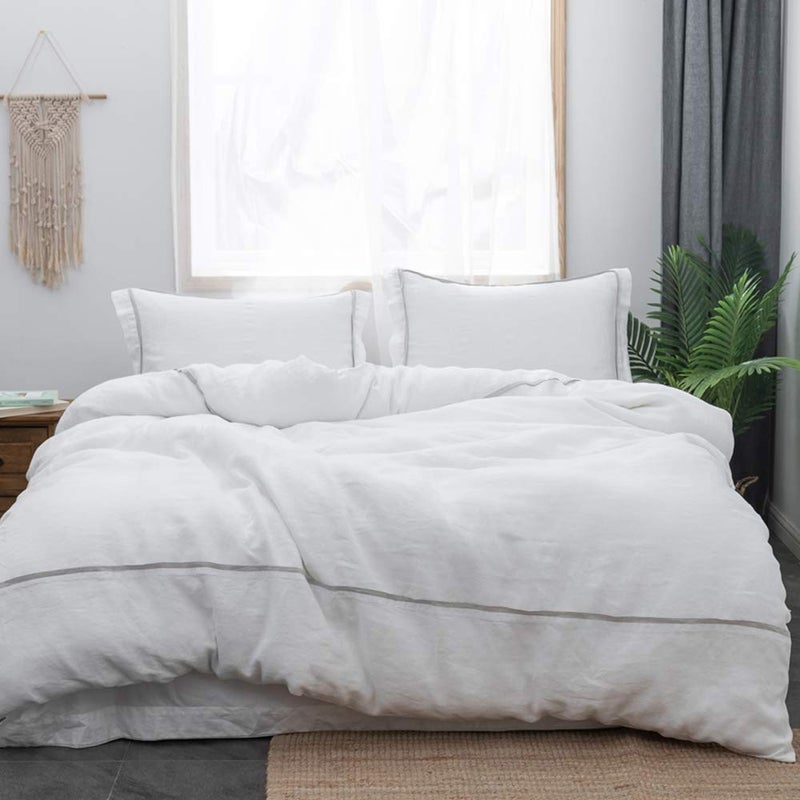 Simple&Opulence 100% Linen Duvet Cover Set Comforter Queen Size (88" x 92")-3pcs French Washed Flax Textured Soft Bedding with Striped Detail, 1 Duvet Cover and 2 Pillowcases (White) - Image 1